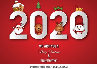 Paper art and cut stype of Merry Christmas and Happy New Year celebration with x’mas element on red background as Holiday Concept. Vector illustration EPS10.