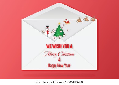 Paper art and cut stype of Merry Christmas and Happy New Year celebration with x’mas element on red background as Holiday Concept. Character out from the envelope. Vector illustration EPS10.