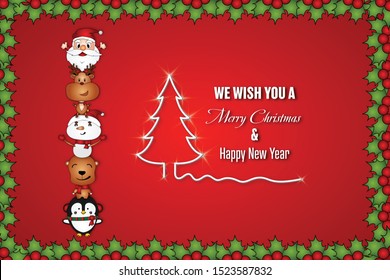 Paper art and cut stype of Merry Christmas and Happy New Year celebration with x’mas element on red background as Holiday Concept. Vector illustration EPS10.