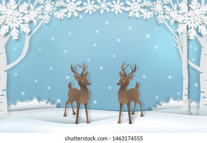 Paper art of cute reindeer with snow and snowflake background illustration