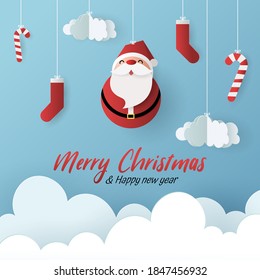 Paper art of cute Santa claus with red socks and cloud. Hello Winter, Happy New Year and Merry Christmas concept, eps 10 vector.