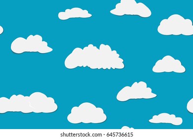 Paper art cutting imitation in vector. Seamless pattern with blue sky, clouds. Pretty background in childish style. Summer sky. Happy mood