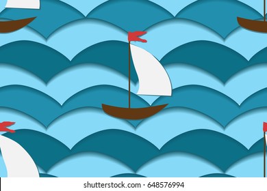 Paper art cutting imitation in vector. Seamless pattern with wave sea,boat. Pretty background in childish style. Summer vacation and holidays, travel concept. Happy mood.