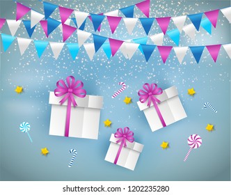Paper art of decorated gift boxes and candy floating on the sky. Merry Christmas and Happy New Year.