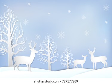 Paper art of Deer and dry tree with snowflake, Christmas season background paper cut style