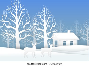 Paper art of Deer and dry tree with cottage, Christmas season background paper cut style