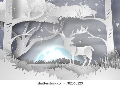 Paper art of deer in the forest lanscape snow with full moon,vector