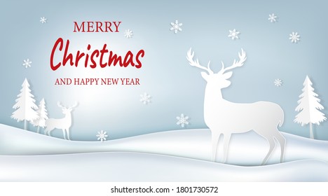 Paper art of deer and pine tree with snowflake on blue sky background illustration