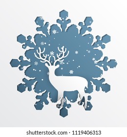 Paper art of Deer and snowflake, Christmas season blue background paper cut style
