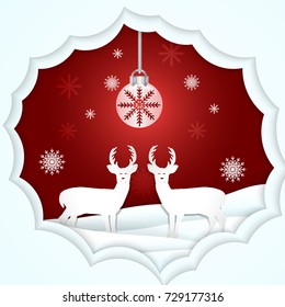 Paper art of Deer and snowflake, Christmas season red background paper cut style