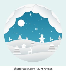 Paper art of deer and winter season landscape and house with snow moon