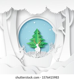 Paper art of deers wildlife and origami christmas tree on winter landscape greeting card template.Vector illustration.