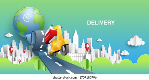 Paper art of delivery by yellow scooter on road with location pinned in the city. Origami E-commerce and Online order infographic concept. Perspective vector art and illustration.