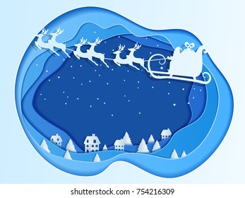 Paper art depth illustration of christmas with santa claus flying with reindeer sleigh on sky to village. Merry christmas and happy new year. Cartoon Vector Illustration.