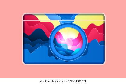 Paper art depth style. Design sea wave depth inside camera shape in summer time. Summer vacation. Paper cut modern design. Vector Illustration