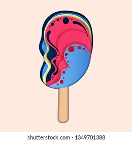 Paper art depth style. Summer time with sea waves in ice cream shape. Summer vacation. Paper cut modern design. Vector Illustration