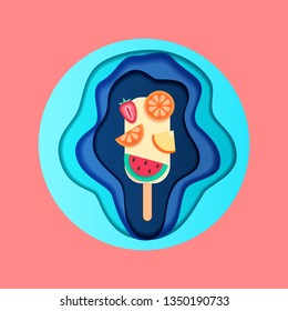 Paper art depth style. Summer time with Ice cream, fruit, watermelon, strawberry, orange,pineapple. Paper cut modern design. Vector Illustration