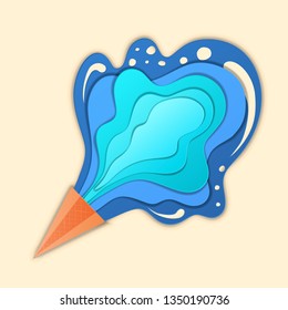 Paper art depth style. Summer time with sea waves in ice cream shape. Summer vacation. Paper cut modern design. Vector Illustration