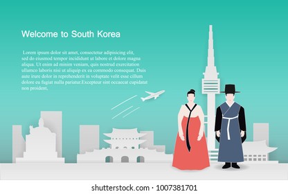 diseño de arte de papel con concepto Viaje a Corea del Sur.