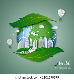 Paper art design of eco friendly and save the environment conservation concept,clean city on leaf shape abstract background,vector illustration