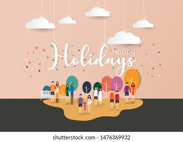 Paper art design of holidays with cloud, trees and word HOLIDAYS paper calligraphy decoration. Many couples on nature outdoors in the park. Paper cut, Vector illustration.