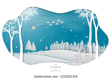 Paper art design with Santa Clause coming to town on blue background for christmas holiday,happy new year,celebration party or greeting card