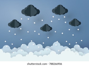 Paper art design style the concept is rainy season, Cloud and rain on dark background , vector design element illustration