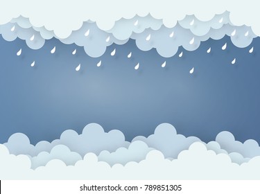 Paper art design style the concept is rainy season, Cloud and rain on dark background , vector design element illustration