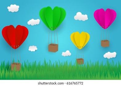 Paper art design style,ballon cloud grass with nature, ecology idea.vector illustration 

