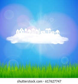 Paper art design style,house with grass, sun, cloud,  nature ecology idea.vector illustration 