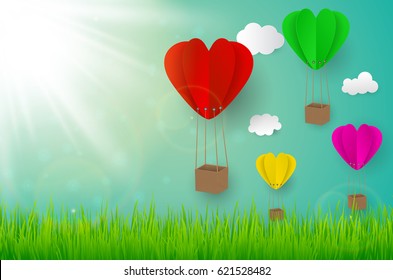 Paper art design style,house with grass, sun heart balloon, nature ecology idea.vector illustration 