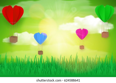 Paper art design style,house with grass, sun , balloon, nature ecology idea.vector illustration 