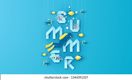 Paper Art Design Of Underwater World With Diver, Fish, Coral And Word SUMMER Paper Calligraphy Decoration. Graphic Design For Summer. Paper Cut And Craft Style. Vector, Illustration.