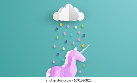 Paper art design Unicorn in the rainy season. on lovely colors. Unicorn cute illustration in paper art style. Paper craft and cut style. vector, illustration.