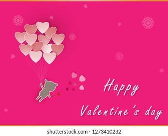 Paper art Design Of Valentine Heart Symbol In Balloon Shape With Teddy Bear hold red heart floating on pink background with copy space,illustration vector eps10.