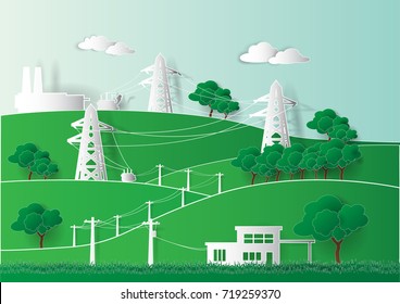 Paper art of Diagrams for supplying power from industrial power plants to environmentally friendly homes, vector and illustration.