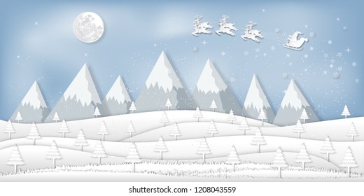 Paper art and digital craft style of Santa Claus on Sleigh and Reindeers in the snow season in the winter background as holiday and x'mas day concept. vector illustration.
