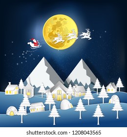 Paper art and digital craft style of Santa Claus on Sleigh and Reindeers in the snow season in the winter background as holiday and x'mas day concept. vector illustration.