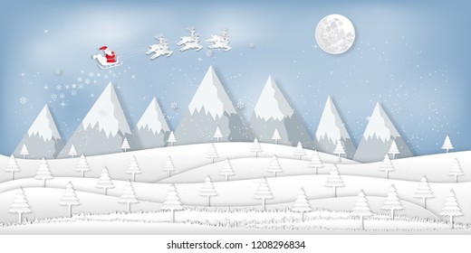 Paper art and digital craft style of Santa Claus on Sleigh and Reindeers in the snow season in the winter background as holiday and x'mas day concept. vector illustration.