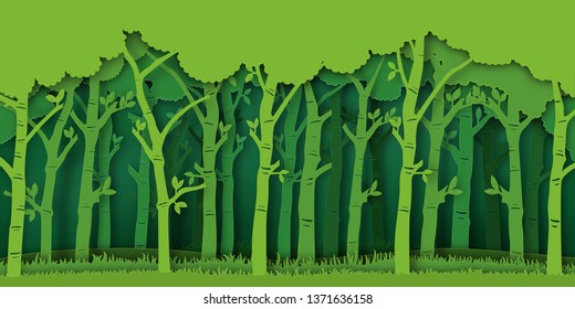 Paper art and digital craft style of Eco green nature background, forest plantation as ecology and environment conservation creative idea concept. Vector illustration.