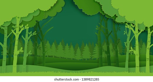 Paper art and digital craft style of Eco green nature background, forest plantation as ecology and environment conservation creative idea concept. Vector illustration.