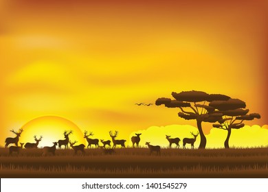 Paper art and digital craft style of deers in the grass sunrise , Vector illustration.