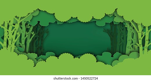 Paper art and digital craft style of Eco green nature background, forest plantation as ecology and environment conservation creative idea concept. Vector illustration.