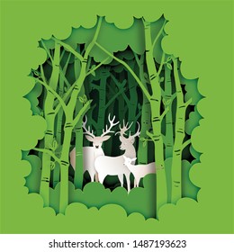 Paper art and digital craft style of deers in the green forest layer as wildlife , ecology and environment conservation creative idea concept. Vector illustration.