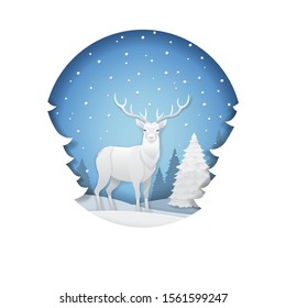 Paper art and digital craft style of deer in forest with snow in the winter season and Christmas day concept, Vector illustration