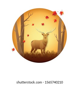 Paper art and digital craft style of red deer stag in forest during the autumn fall season, Vector illustration