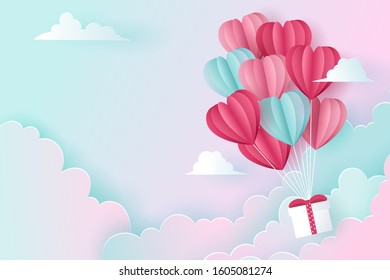 Paper art and digital craft style. Gift box hang with balloon heart. eps 10 vector.