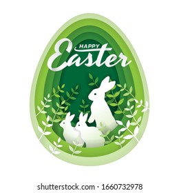 Paper art and digital craft style of rabbits in the bushes that are inside the green egg shape, Happy Easter day concept, Vector illustration