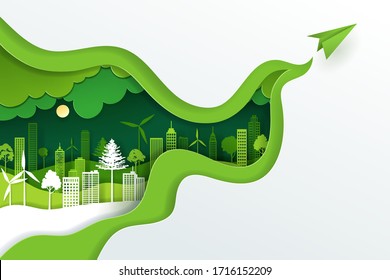 Paper art and digital craft style of landscape with green eco urban city, Earth day and world environment day concept, eps 10 vector. - Shutterstock ID 1716152209