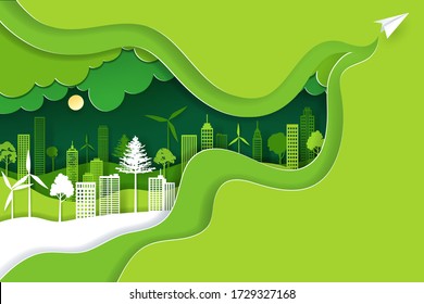 Paper art and digital craft style of landscape with green eco urban city, Earth day and world environment day concept, eps 10 vector.